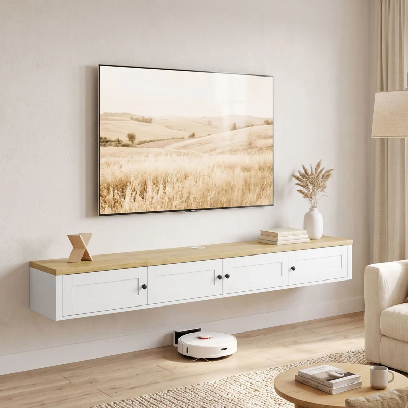 HOMCOM Floating TV Stand for TVs up to 72 Inch, Modern Wall Mounted Media Console with Power Outlets, White