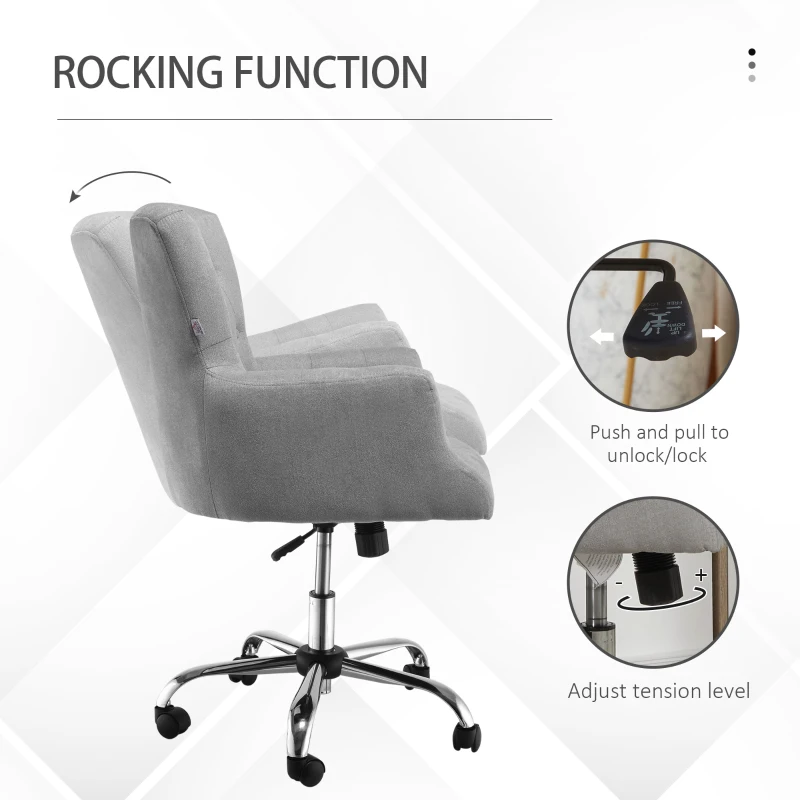 HOMCOM Mid Back Task Chair, Modern Home Office Chair with Tufted Button Design and Padded Armrests, Swivel Computer Desk Chair for Study Living Room Bedroom, Gray