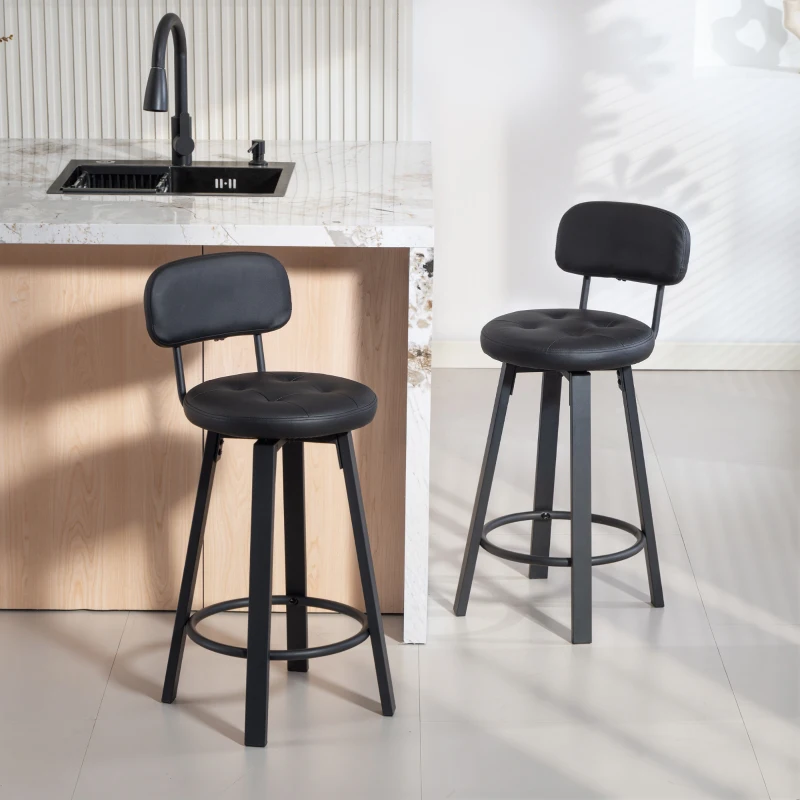 HOMCOM Bar Stools Set of 2, Upholstered Breakfast Bar Chairs with Footrest and Backrest for Kitchen Counter, Black