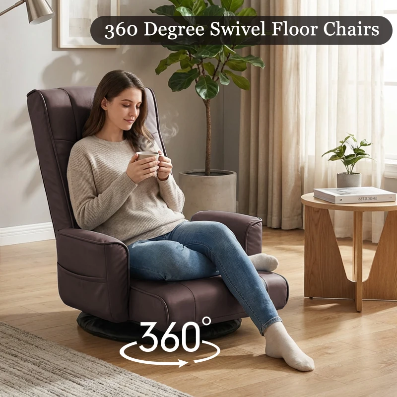 360 Degree Swivel Floor Chairs for Adults, Faux Leather Gaming Floor Chair with Back Support, 14 Angles Adjustable Comfortable Floor Lounge Chair Folding Video Game Chairs Office Bedroom
