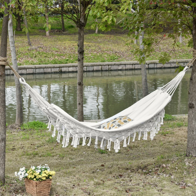 Outsunny Extra Large Boho Hammock with Macrame Tassel Fringe, Includes Carrying Bag, Indoor Outdoor Tree Hammock, White
