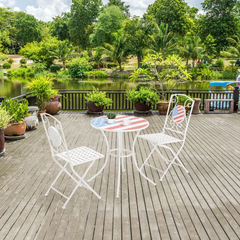 Outsunny 3 Piece Patio Bistro Set, Folding Outdoor Furniture with USA Mosaic Table and Chairs, Portable Metal Frames for 4th of July, Balcony, Backyard, Poolside, Porch, American Flag