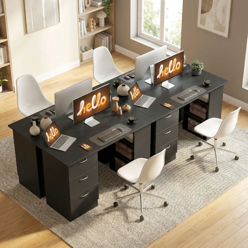 HOMCOM Computer Desk, 47" Writing Table with 3-Tier Shelves and 3 Reversible Drawers for Home Office, Bedroom, Black