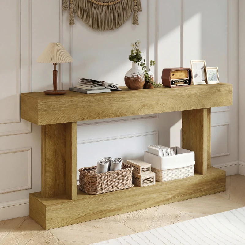 HOMCOM 63 Inch Long Console Table, Vintage Narrow Entryway Table with Storage Shelf for Living Room and Hallway, Oak