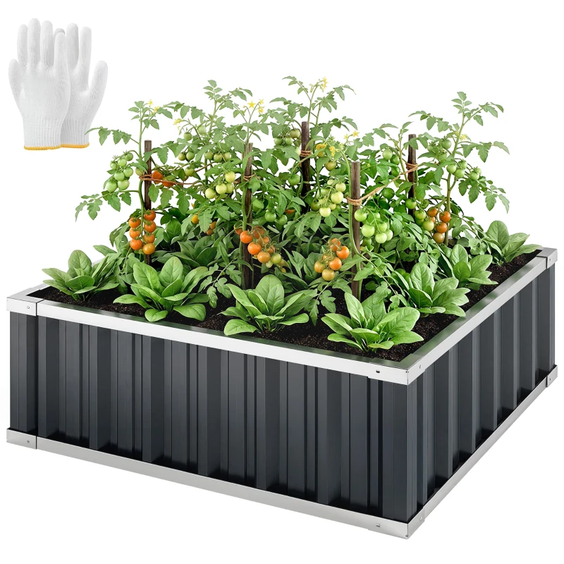 Outsunny 3' x 3' x 1' Raised Garden Bed, Galvanized Metal Planter Box for Vegetables Flowers Herbs, Dark Gray