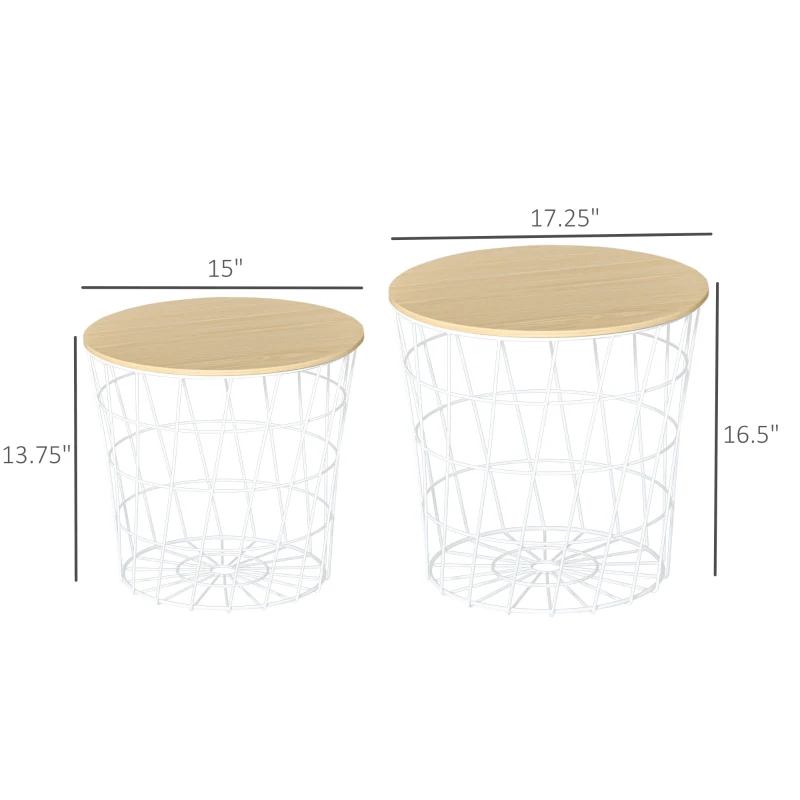 HOMCOM End Tables Set of 2, Nesting Tables with Storage, Round Accent Side Tables with Removable Top, White/ Natural