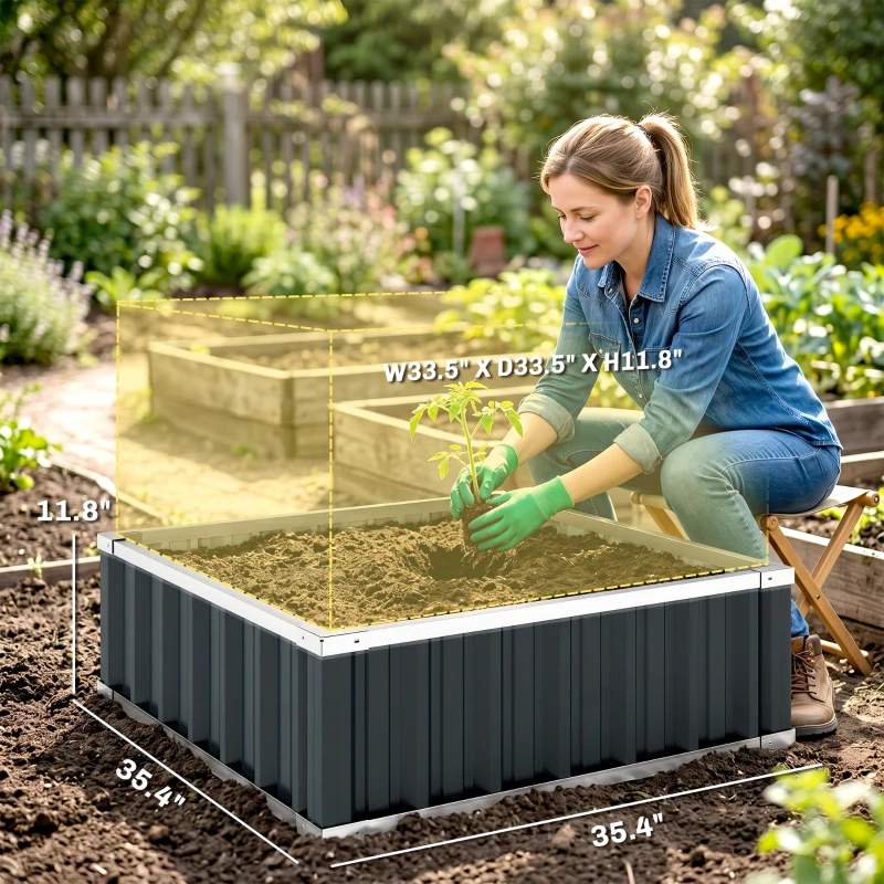 Outsunny 3' x 3' x 1' Raised Garden Bed, Galvanized Metal Planter Box for Vegetables Flowers Herbs, Dark Gray
