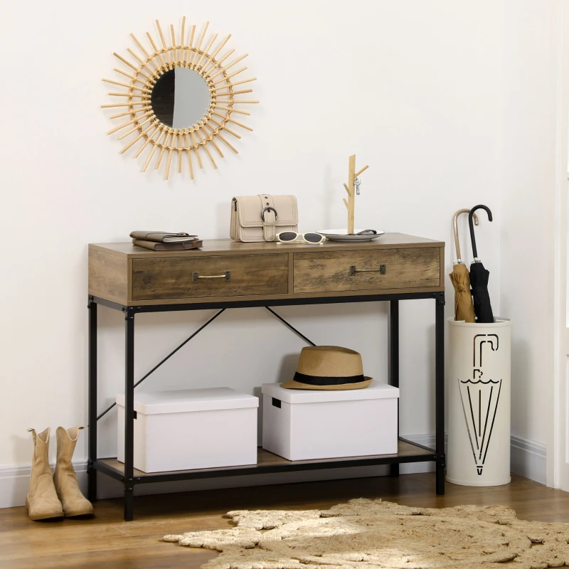 HOMCOM 39" Vintage Console Table, Narrow Entryway Table with Drawers, Storage Shelf for Behind Couch, Living Room, Hallway, Bedroom, Brown