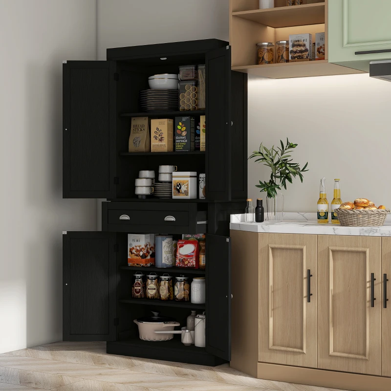 HOMCOM 72.5" Kitchen Cabinet, Pantry Storage Cabinet with Doors and Shelves, Freestanding Food Pantry Cabinet, Black Wood Grain