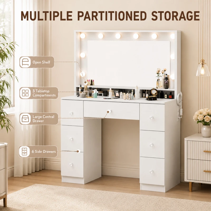 HOMCOM Vanity Desk with 10 Dimmable LED Lights, Mirror Dressing Table with 7 Drawers and Charging Station, White