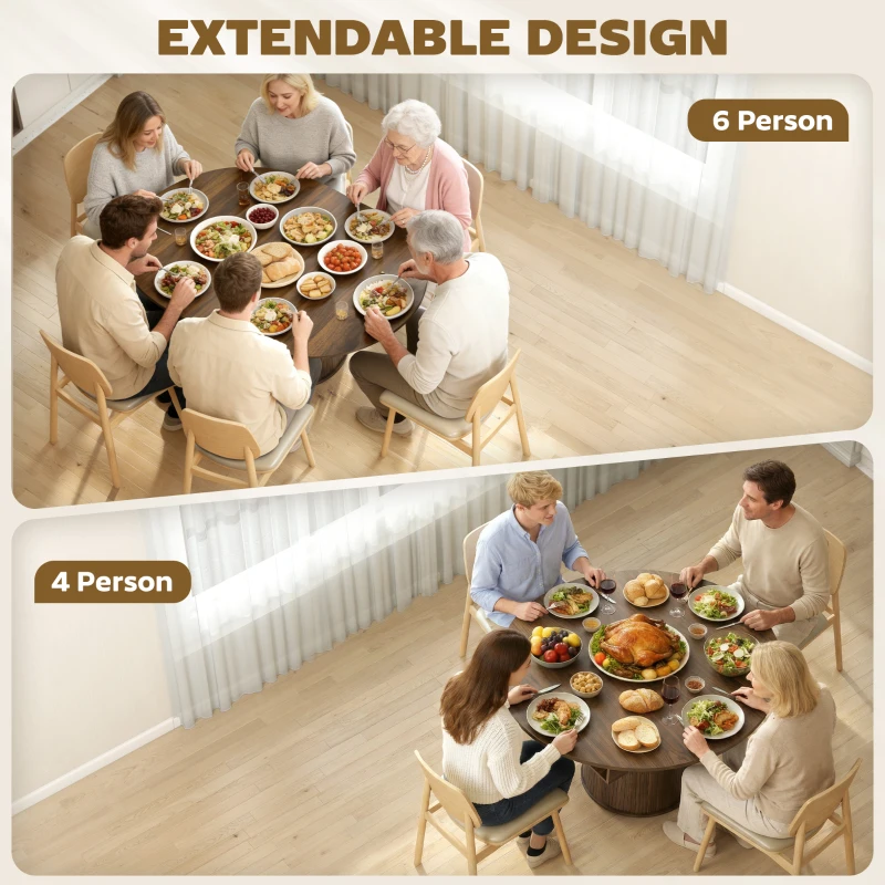 HOMCOM Extendable Dining Table for 6, 60" Farmhouse Kitchen Table with 2-Tier Storage Shelf and Fluted Sliding Doors, Walnut