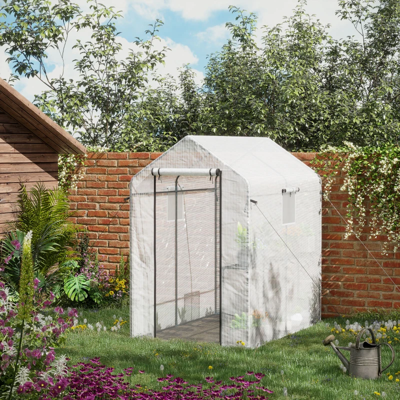 Outsunny 47.25" x 73.25" x 74.25" Walk-in Greenhouse, Outdoor Portable Plant Growing Area with Mesh Protected Roll-up Door & Window, 4 Shelves for Flowers, Herbs & Vegetables, White