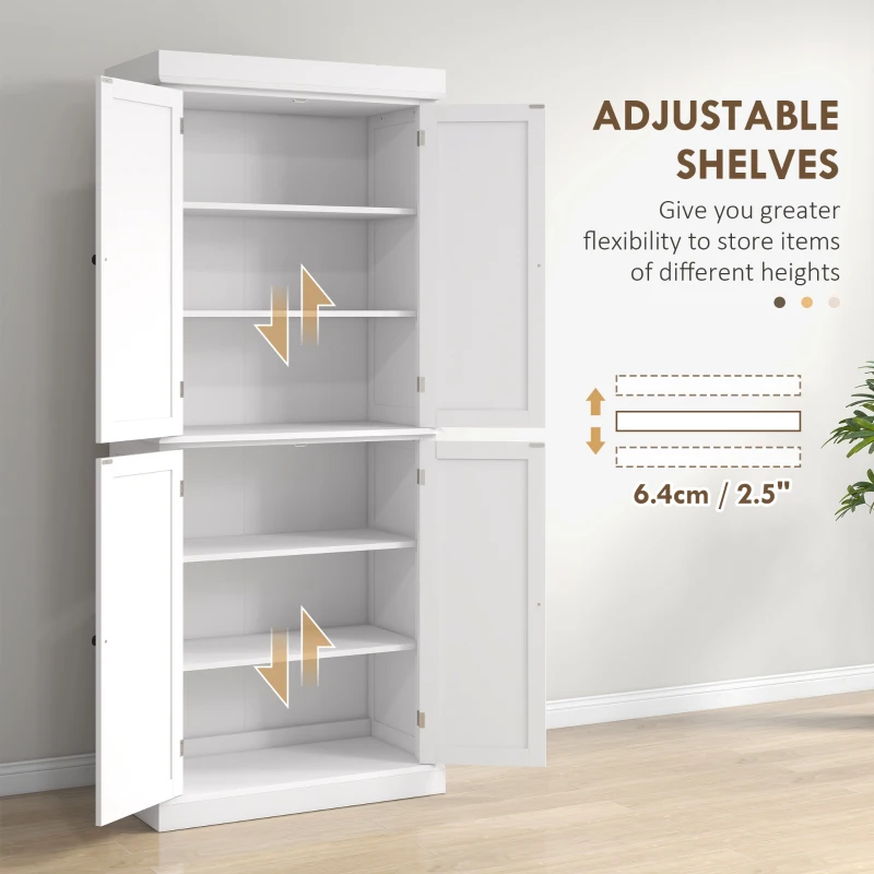 HOMCOM Traditional Farmhouse Kitchen Pantry Cupboard with Two Storage Cabinets, and 4 Adjustable Shelves, White