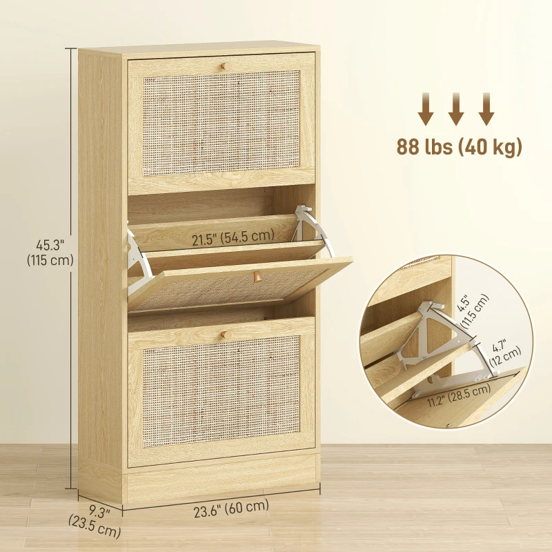 HOMCOM Rattan Shoe Storage Cabinet with 3 Flip Drawers and Adjustable Shelves, Entryway Shoe Cabinet for 18 Pairs, Oak