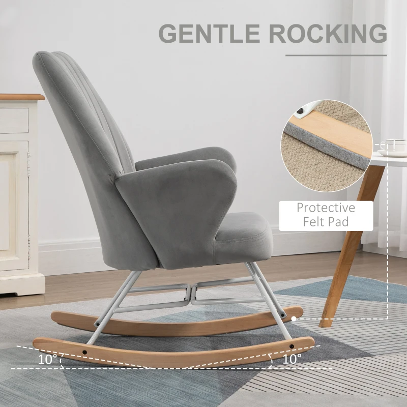HOMCOM Accent Rocking Chairs, Upholstered Nursery Glider Rocker, Modern Armchair, Wingback Chair for Living Room and Bedroom, Grey