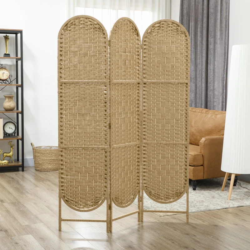 HOMCOM Bohemian Privacy Screen, Folding Room Divider with 3 Panels and Arched Top for Bedroom Living Room Office, Natural Wood