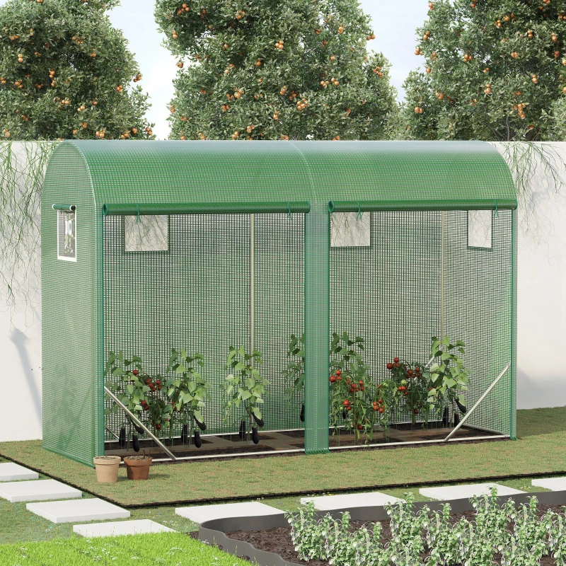 Outsunny 10' x 3' x 7' Walk-in Lean-to Greenhouse, Steel, 4 Zipper Roll-up Windows & 2 Doors, UV Protecting PE Cover, Green
