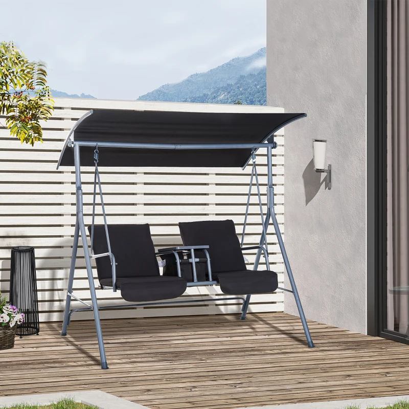 Outsunny 2-Seater Outdoor Porch Swing with Canopy and Table, Patio Swing Chair for Garden, Poolside, Backyard, Gray