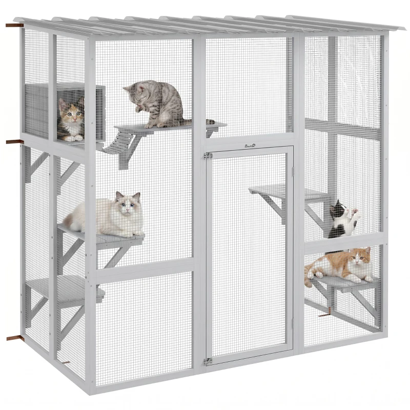 PawHut Large Outdoor Catio with Weatherproof Roof, Bridge, Resting Box, Platforms, White