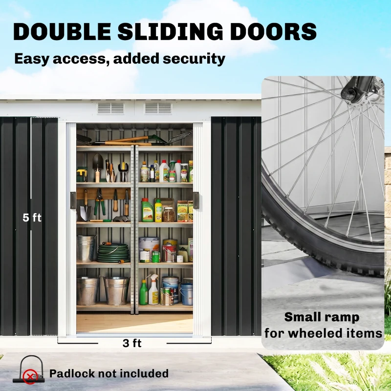 Outsunny 9' x 4' Metal Outdoor Storage Shed, Tool House with Double Lockable Doors for Backyard, Patio, Lawn, Garage, Dark Gray