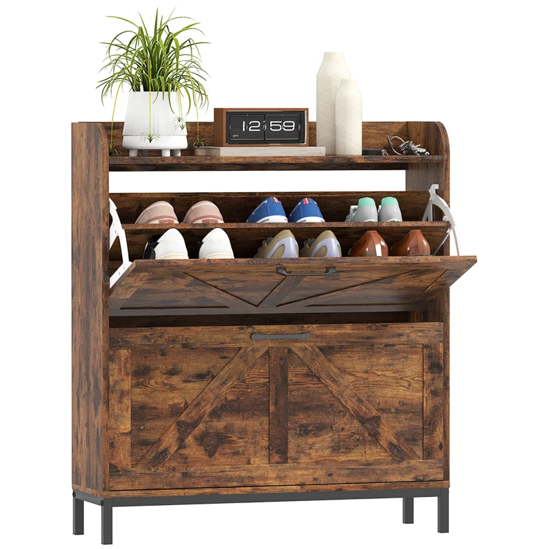 HOMCOM Shoe Cabinet Organizer with 2 Flip Drawers, Legs, Narrow Shoe Storage Cabinet for Entryway, Hallway, Rustic Brown