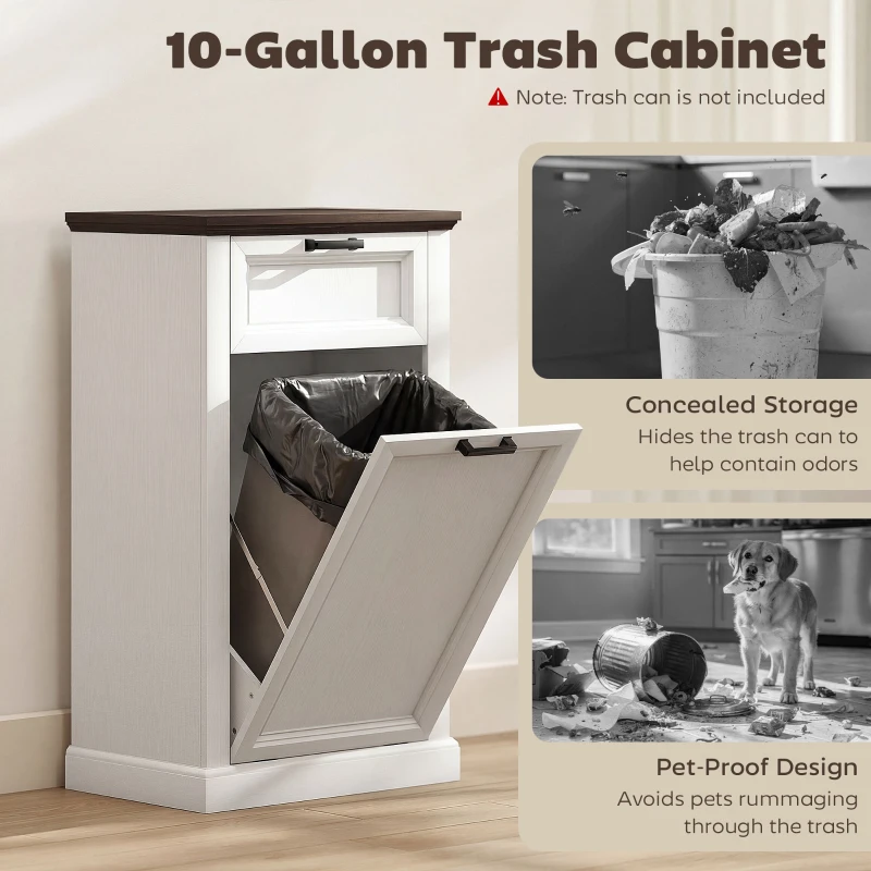 HOMCOM 10 Gallon Trash Can Cabinet with Drawer, Farmhouse Tilt Out Garbage Cabinet Laundry Hamper, White Wood Effect