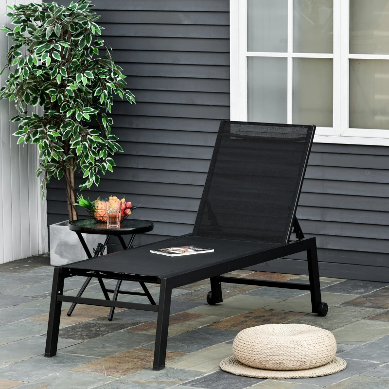Outsunny Outdoor Chaise Lounge with Wheels, Five Position Recliner for Sunbathing, Suntanning, Steel Frame, Breathable Fabric for Beach, Yard, Patio, Black