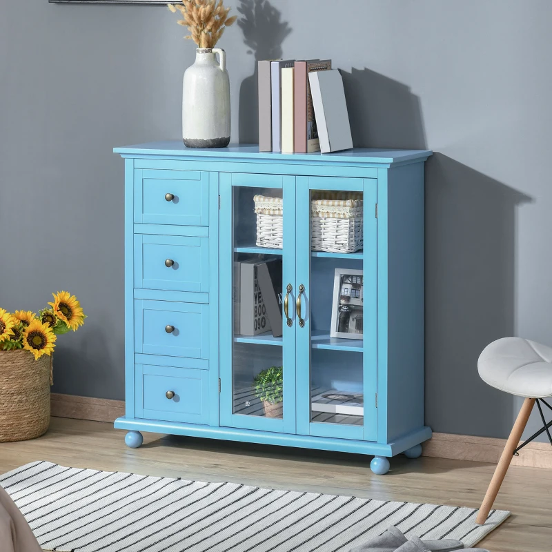 HOMCOM Storage Sideboard Cabinet with 4 Drawers and Glass Door Cupboard, Console Table for Living Room, Kitchen
