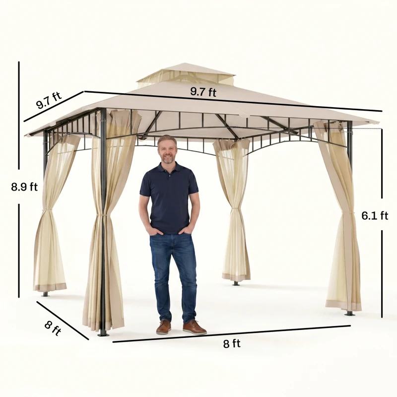 Outsunny 10' x 10' Outdoor Patio Gazebo Canopy Tent with Mesh Sidewalls, 2-Tier Canopy for Backyard, Beige
