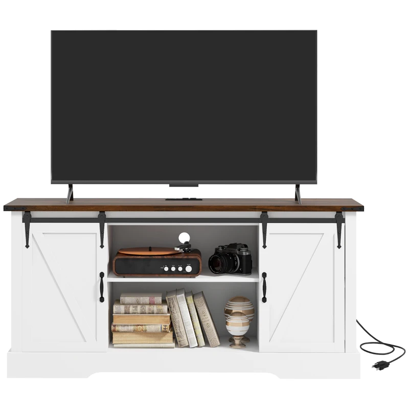 HOMCOM Sideboard with Charging Station, Farmhouse Coffee Bar Cabinet with Sliding Barn Door, TV Stand for TVs Up to 65", White