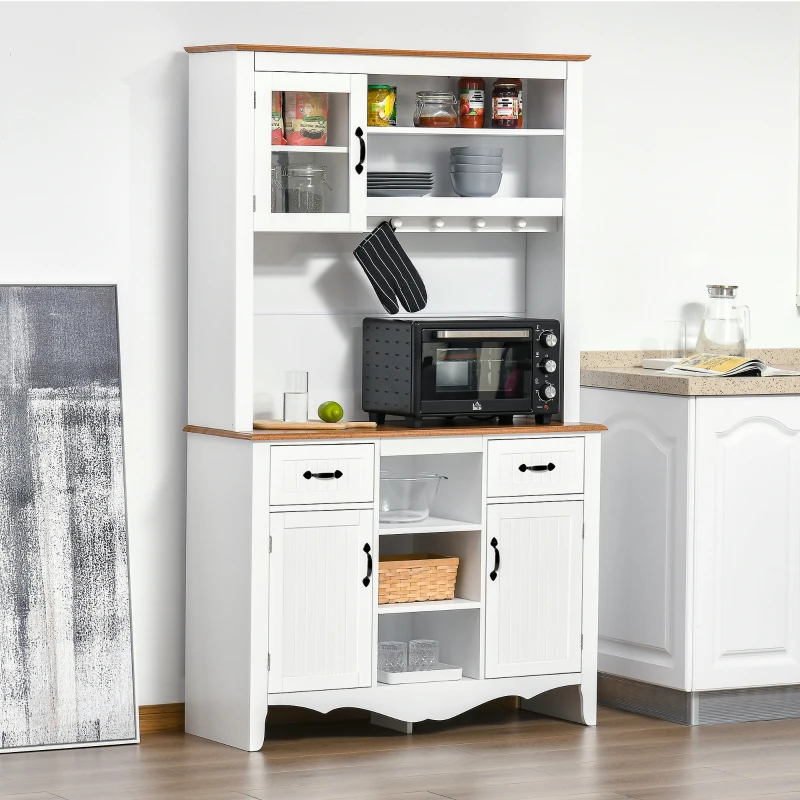 HOMCOM Farmhouse 71" Kitchen Buffet with Hutch, Storage Cabinet with Drawers and Shelves, White