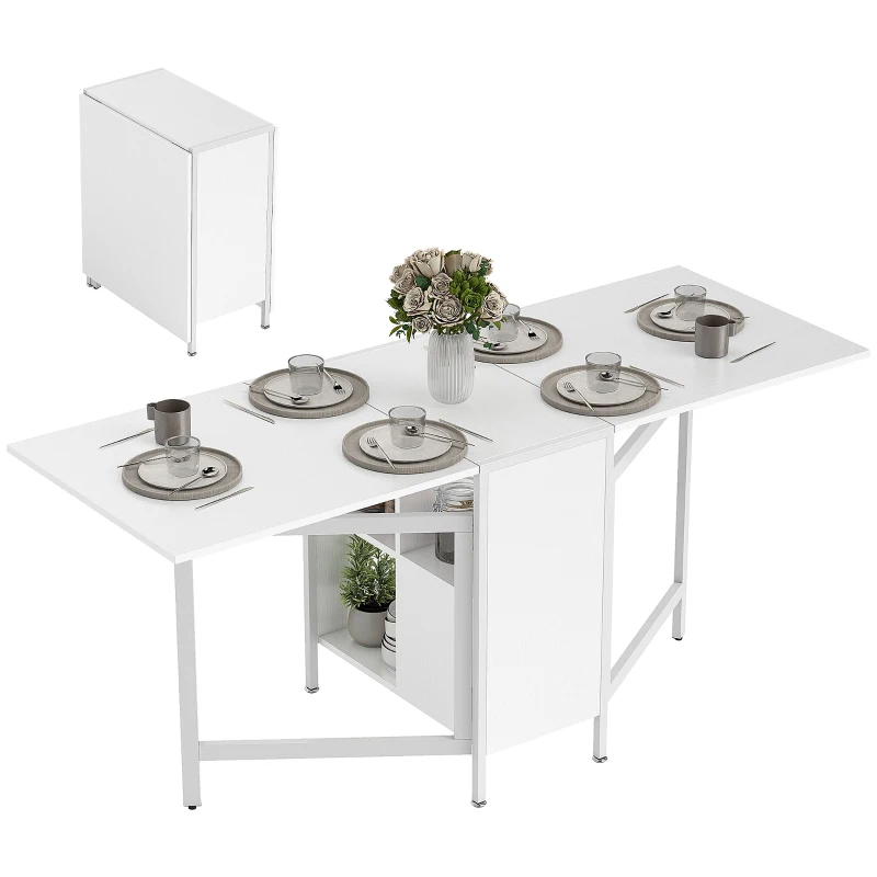HOMCOM Multi-use Foldable Table with Hideaway Shelves, Drop Leaf Table for Kitchen, Dining, Study and Office, White