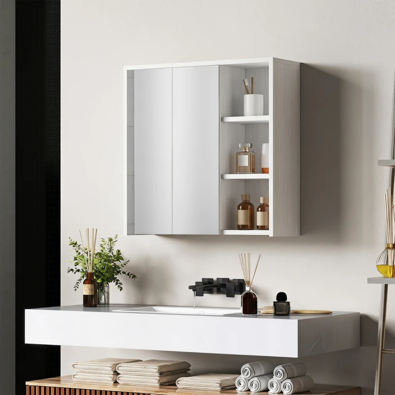 HOMCOM Bathroom Medicine Cabinet with Mirror, Wall Mount Mirror Cabinet with Open Shelves, White Wood Grain