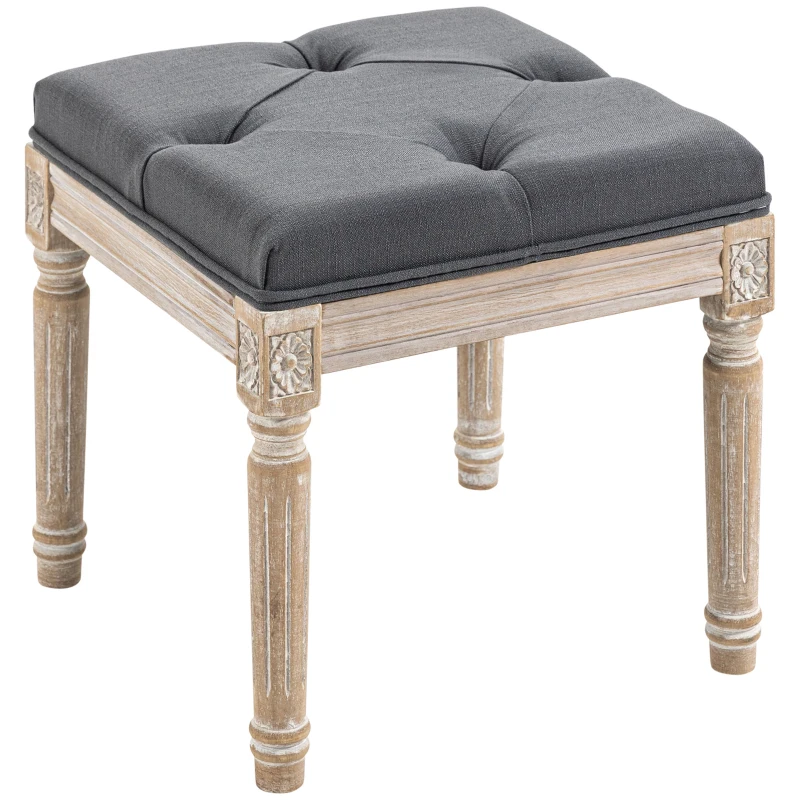 HOMCOM 16" Vintage Ottoman, Tufted Foot Stool with Upholstered Seat, Rustic Wood Legs for Bedroom, Living Room, Gray