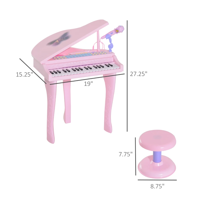 Qaba 37-Key Kids Toy Keyboard Piano Musical Electronic Instrument Grand Piano with Microphone, Stool, MP3, U-Disk, Lights for 3-6 Years, Pink