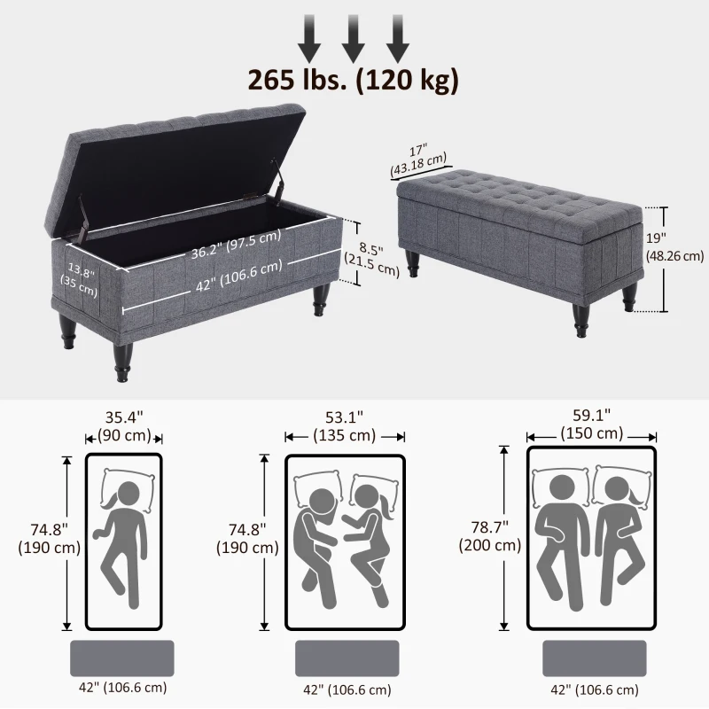 HOMCOM Storage Ottoman, Linen Fabric End of Bed Bench with Soft Close Lid, Button Tufted Storage Bench for Living Room, Entryway or Bedroom, 42" x 17" x 19", Grey