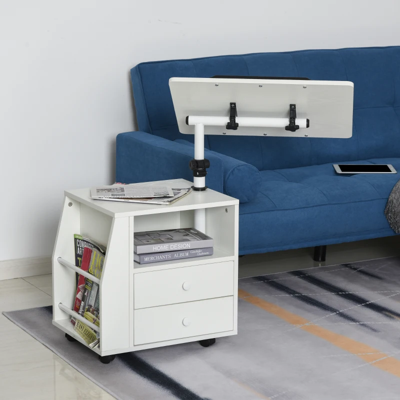 HOMCOM Modern End/Side Table for Living Room with a 360° Adjustable Height Tabletop & Storage Drawers, White