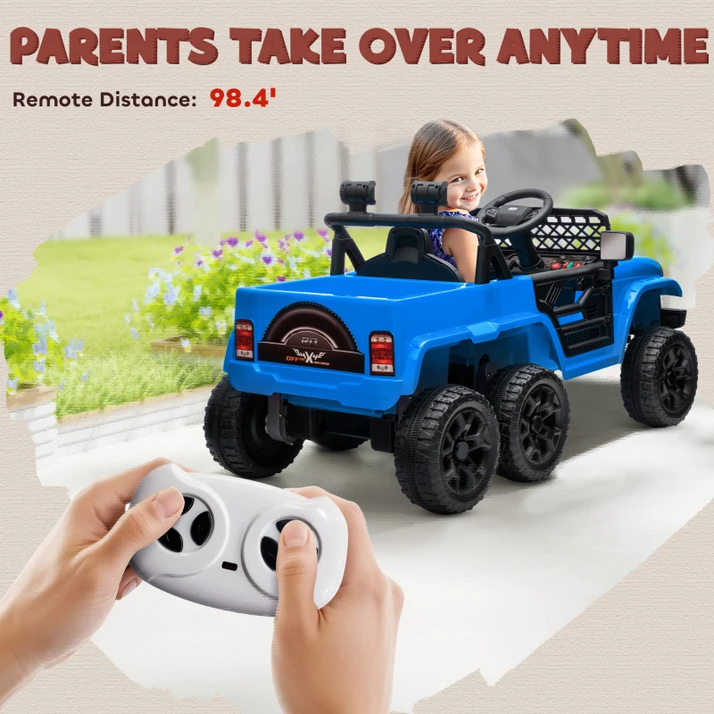 Qaba 12V 4x4 Kids Electric Car w/ 2WD/4WD Switchable, Remote Control, Spring Suspension System, Back Trailer, Light Blue