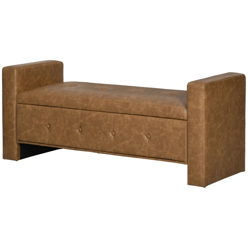 HOMCOM Storage Ottoman Bench with Soft Closing Hinged Lid, Faux Leather Upholstered Bench with Button Tufted Design and Armrests for Living Room, Brown