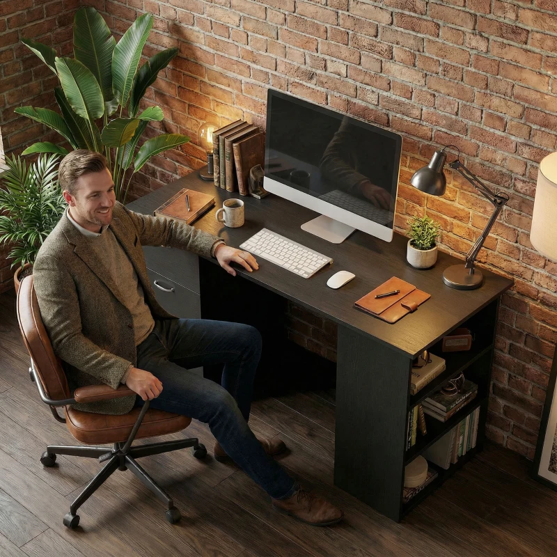 HOMCOM Computer Desk, 47" Writing Table with 3-Tier Shelves and 3 Reversible Drawers for Home Office, Bedroom, Black