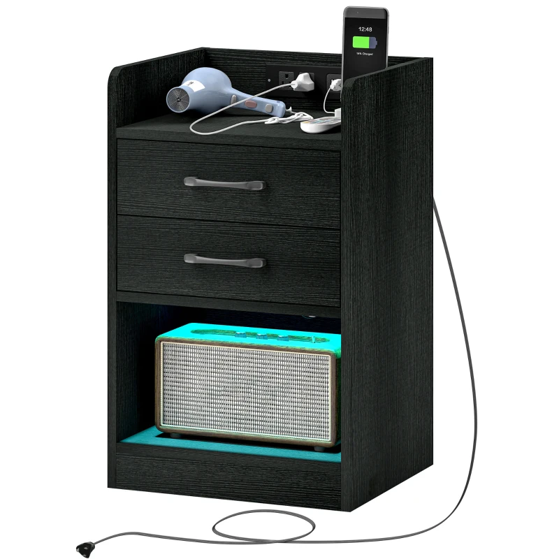 HOMCOM Tall Nightstand with Charging Station and LED Lights, Small Bedside Table with AC Outlets, USB Ports, 2 Drawers, Shelf