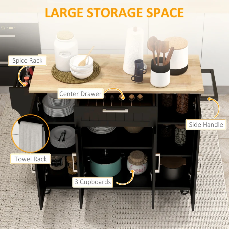 HOMCOM Modern Rolling Kitchen Island Cart with Drawers, Natural Wood Top, Towel Rack, Door Storage Cabinet,  Black