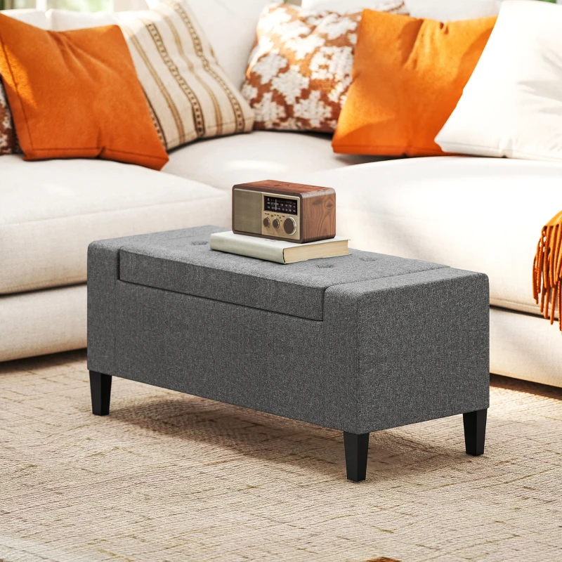 HOMCOM 36" Storage Ottoman Bench, Linen-Look Fabric End of Bed Bench with Solid Wood Frame and Legs, Tufted Storage Chest, Footrest for Living Room, Bedroom, Entryway, Grey