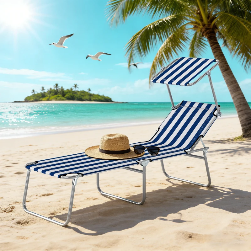 Outsunny Outdoor Pool Chaise Lounge Chair, Folding Tanning Chair with Sun Shade, Blue and White