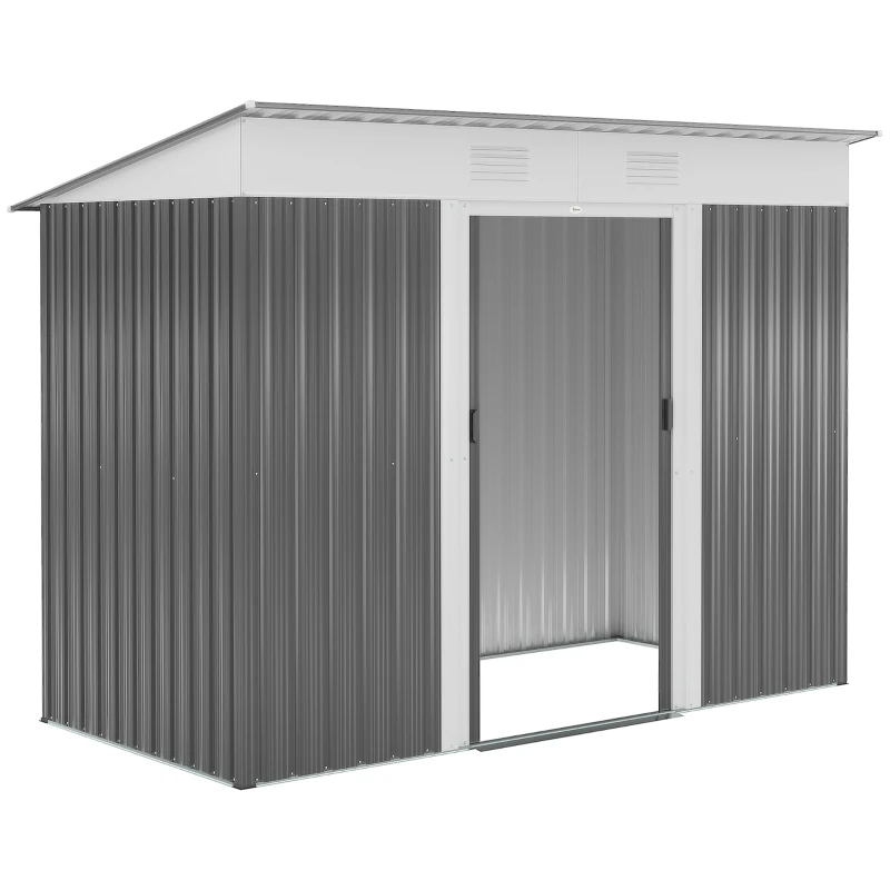 Outsunny 8' x 3.5' Metal Lean to Garden Shed, Outdoor Storage Shed, Garden Tool House with Double Sliding Doors, 2 Air Vents for Backyard, Patio, Lawn, Gray