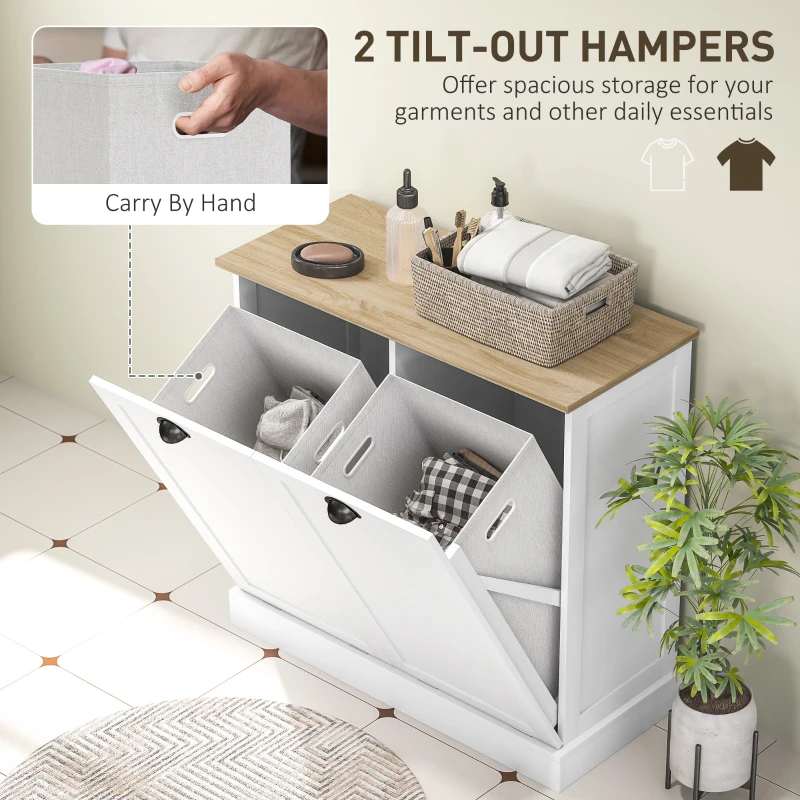 HOMCOM Dual Tilt out Laundry Hamper Cabinet with 2 Removable Basket, Modern Bathroom Storage Cabinet with Shaker Doors and Handles, White