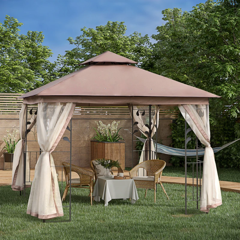 Outsunny 10' x 10' Metal Patio Gazebo, Double Roof Outdoor Gazebo Canopy Shelter with Tree Motifs Corner Frame and Netting, Brown