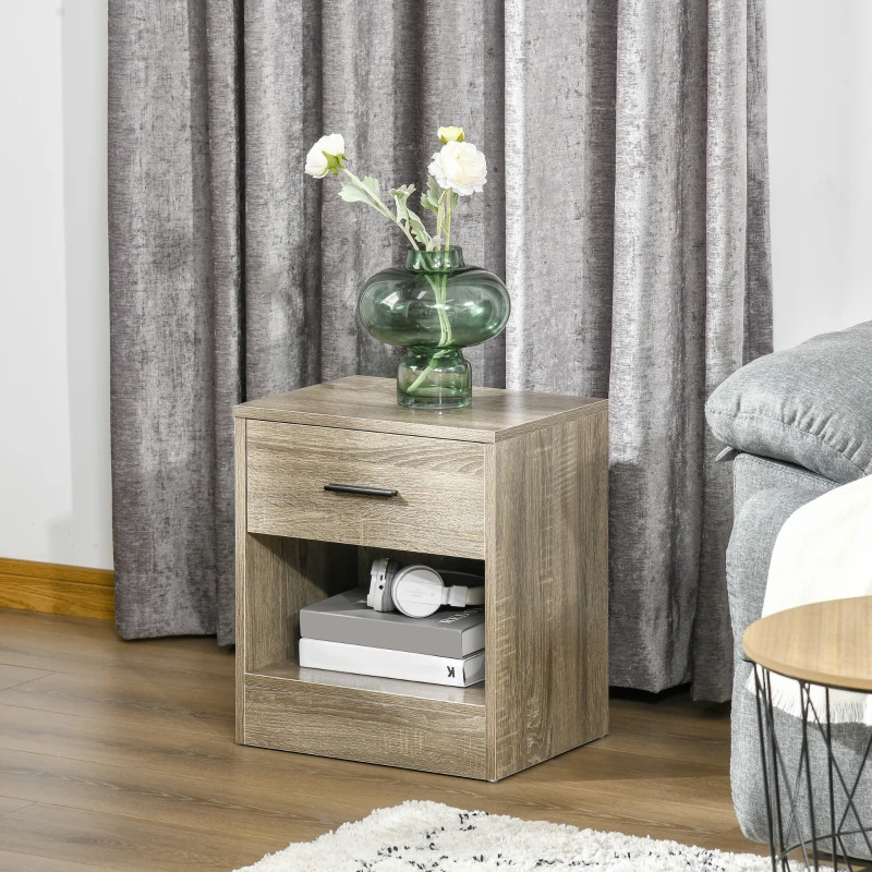 HOMCOM Modern Side Table with Drawer and Storage Shelf, End Table for Living Room, Gray Wood Grain