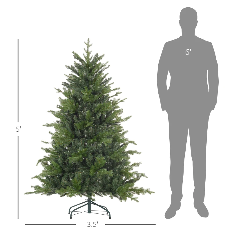 HOMCOM 5 Ft Artificial Christmas Tree with Foldable Metal Stand, Easy Assembly, Hinged Xmas Tree for Home Office Holiday