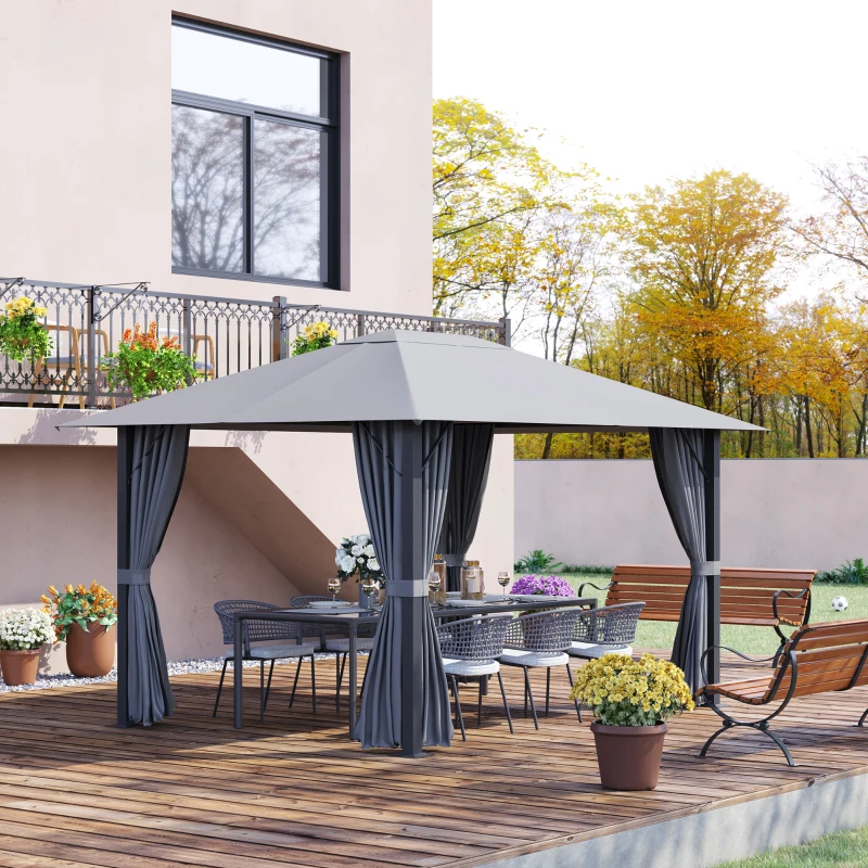 Outsunny 10' x 13' Patio Gazebo Aluminum Frame Outdoor Canopy Shelter with Sidewalls, Vented Roof for Garden, Lawn, Backyard, and Deck, Gray